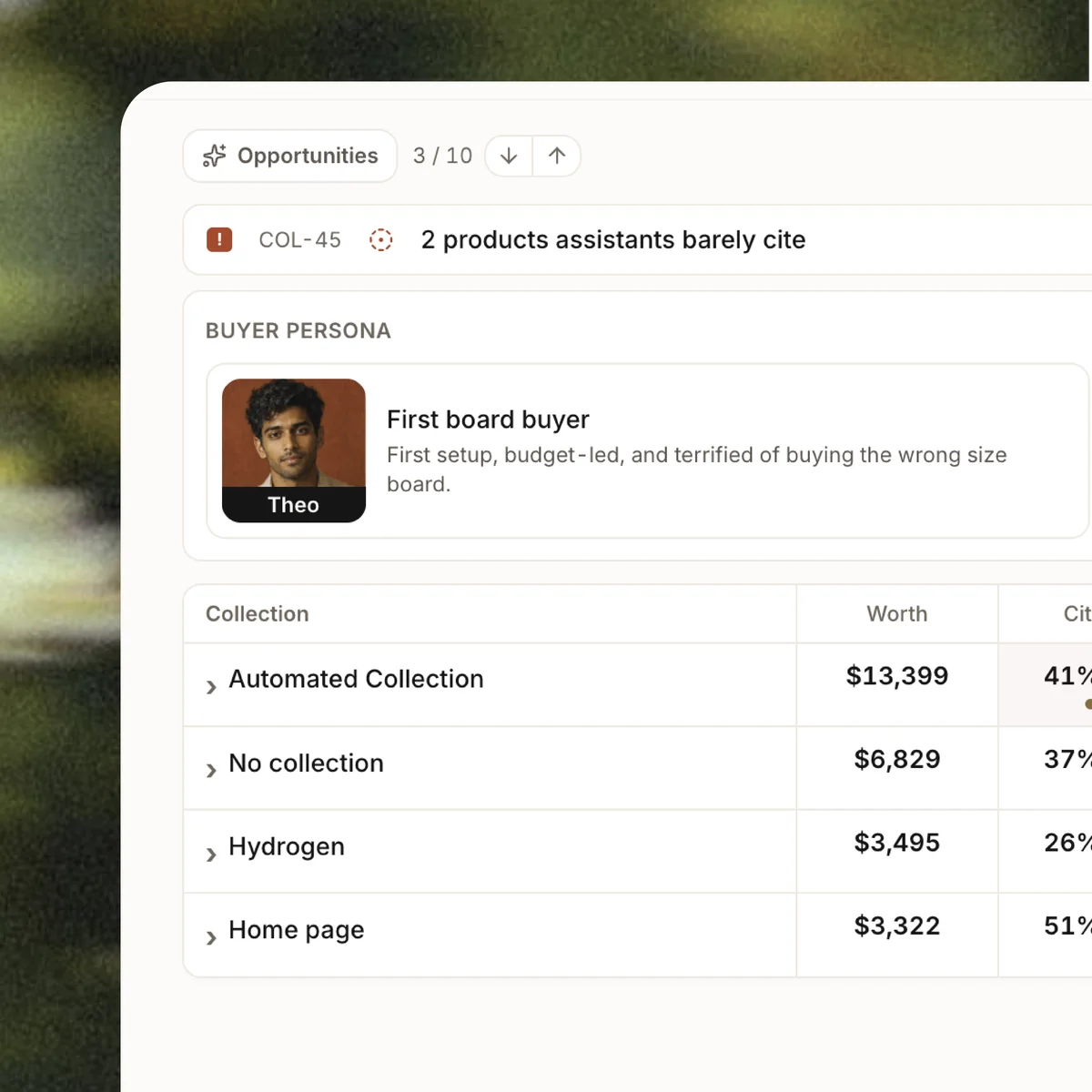 Citable opportunities view: buyer persona and citation share by collection